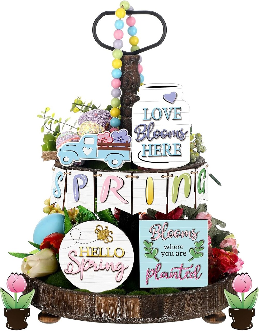 12 Pcs Spring Tray Decor Set Hello Spring Decor Wooden Truck Tulip Flower Table Signs Rustic Farmhouse Spring Decorations for Home Kitchen Tabletop Holiday Party Decor